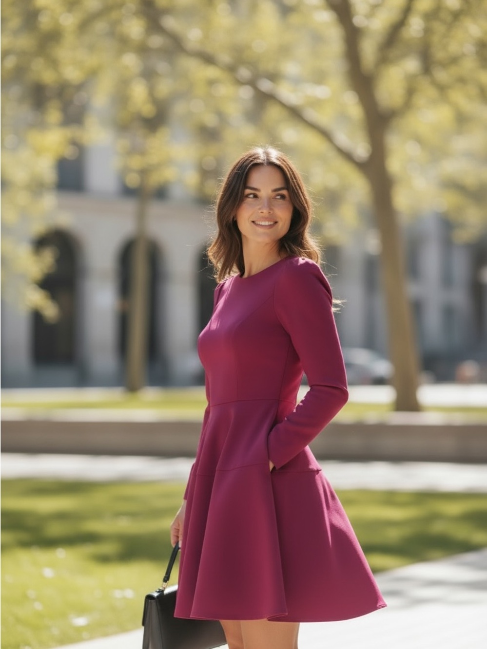 Elegant Magenta Fit-and-Flare Long-Sleeve Dress